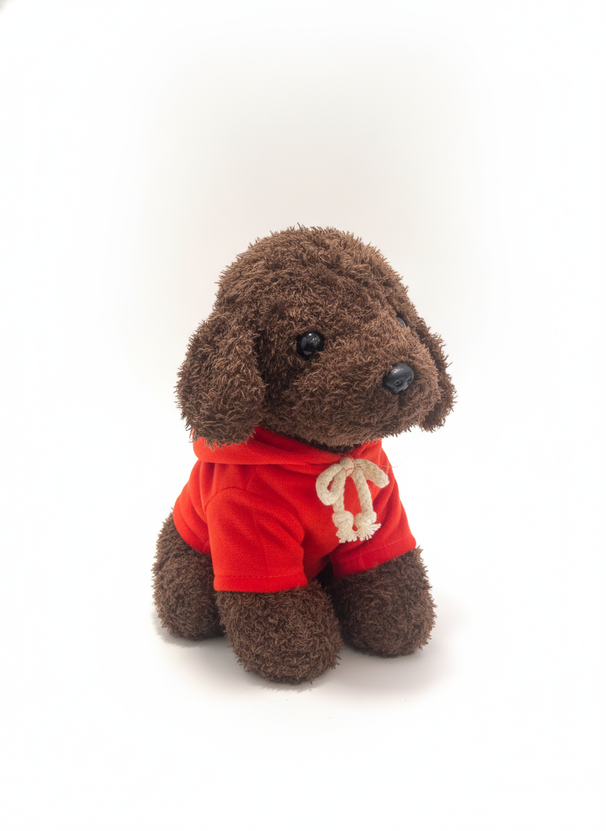 Fluffy Brown Plush Dog with Red Hoodie