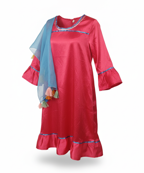 Children's Vibrant Red Traditional Dress-Up Costume with Scarf