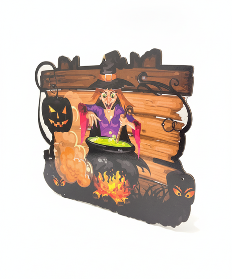 Spooky Witch Cauldron Halloween Hanging Sign