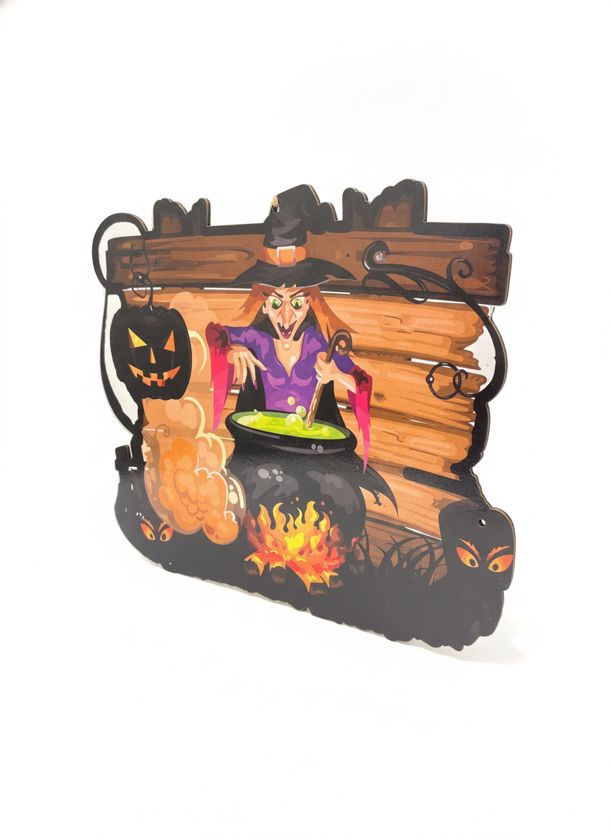 Spooky Witch Cauldron Halloween Hanging Sign
