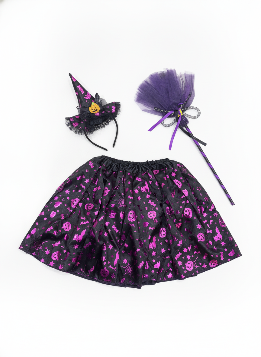 Kids Halloween Witch Costume Set (Hat, Skirt, Broom)
