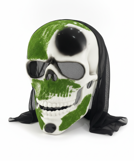 Green Flocked Skull Mask with Straw Accents