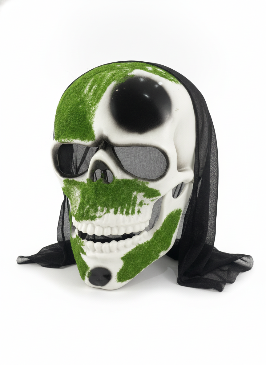 Green Flocked Skull Mask with Straw Accents