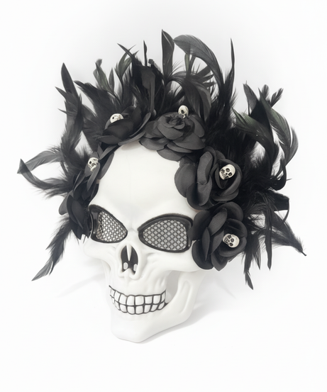 Day of the Dead Skull Mask with Feather & Floral Crown