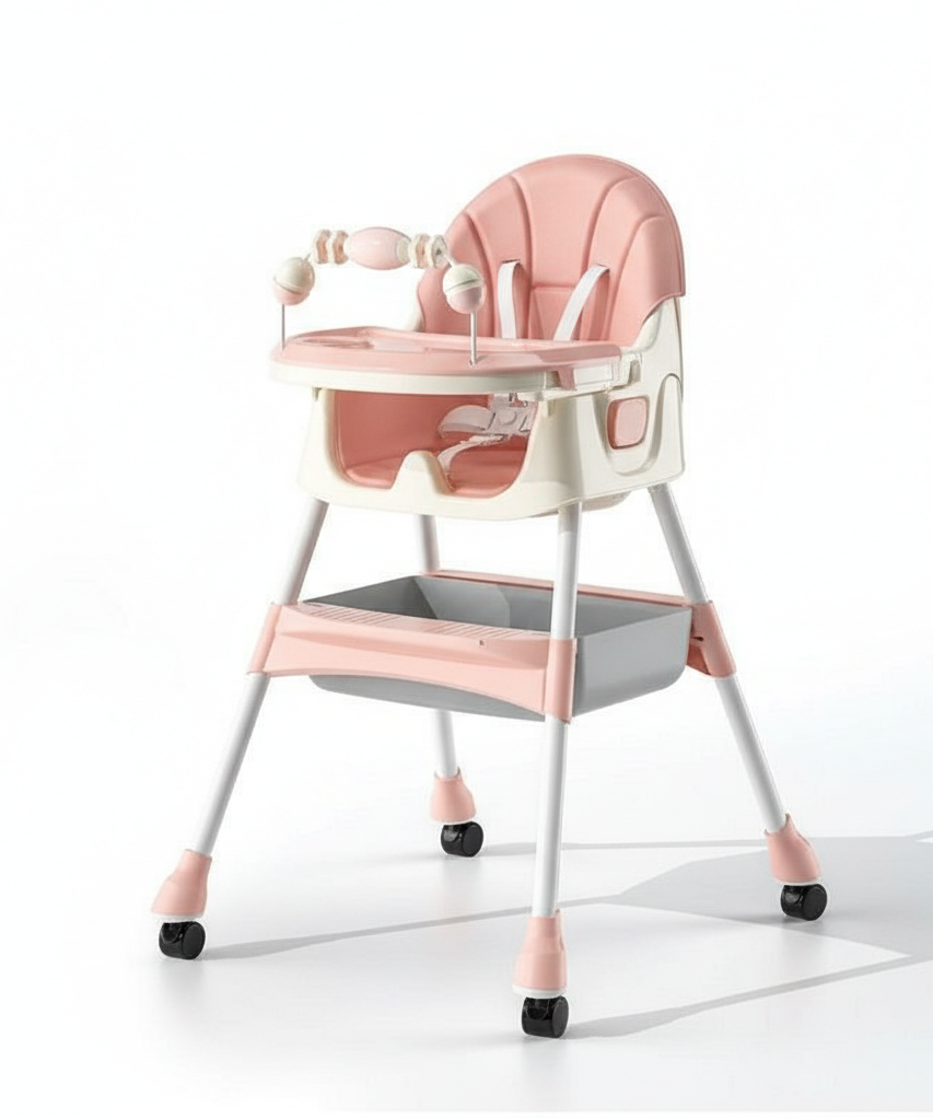 Pink & Cream Adjustable Baby High Chair with Play Bar