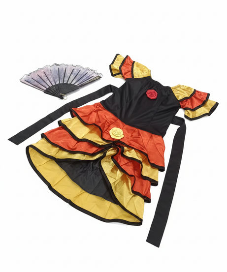 Vibrant Ruffled Dress-Up Spanish Girl Costume with Fan Accessory