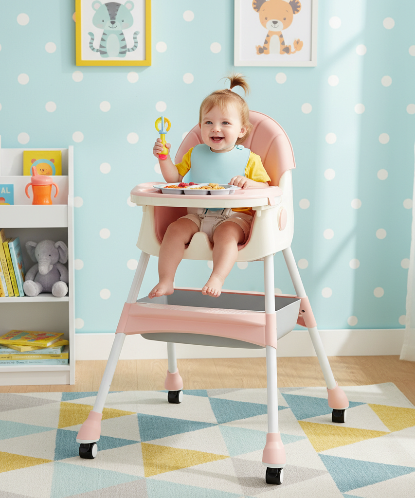 Pink & Cream Adjustable Baby High Chair with Play Bar