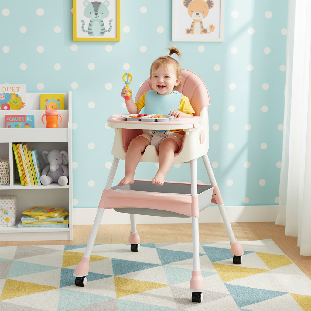 Pink & Cream Adjustable Baby High Chair with Play Bar
