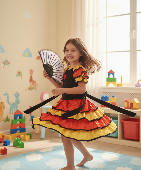 Vibrant Ruffled Dress-Up Spanish Girl Costume with Fan Accessory