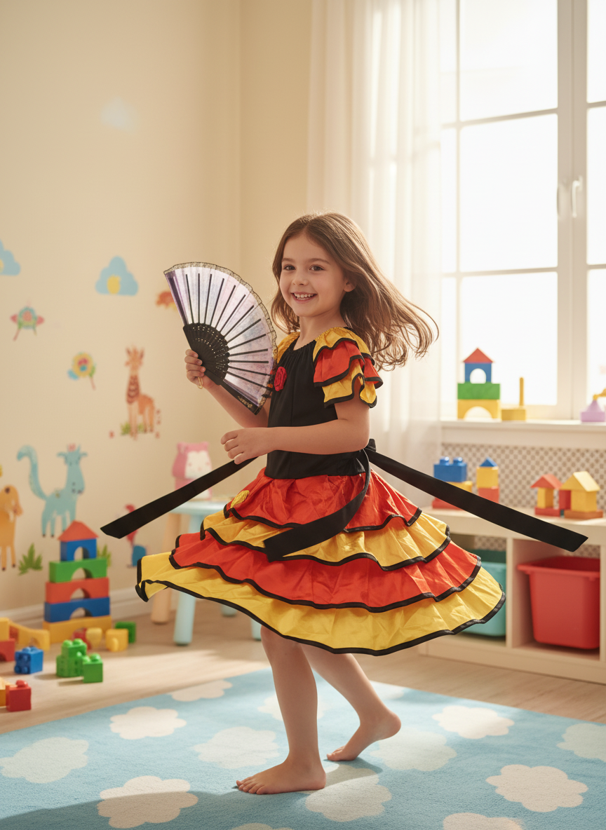 Vibrant Ruffled Dress-Up Spanish Girl Costume with Fan Accessory