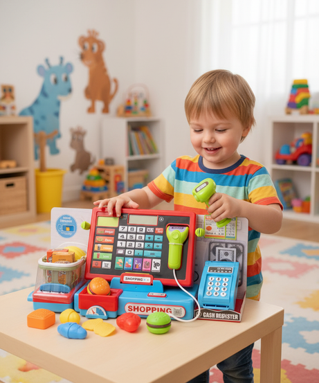 Shopping With Electronic Function Tablet & Cash Register Station With Potato Chips
