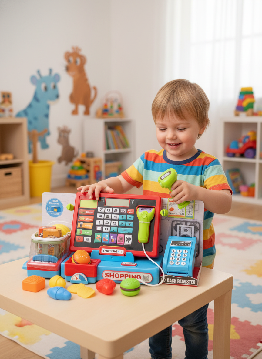 Shopping With Electronic Function Tablet & Cash Register Station With Potato Chips