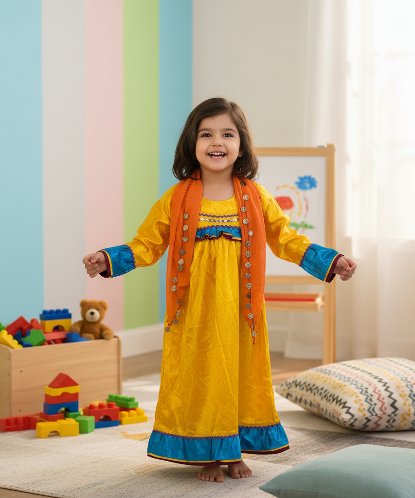 Vibrant Yellow & Orange Cultural Kids' Dress Costume