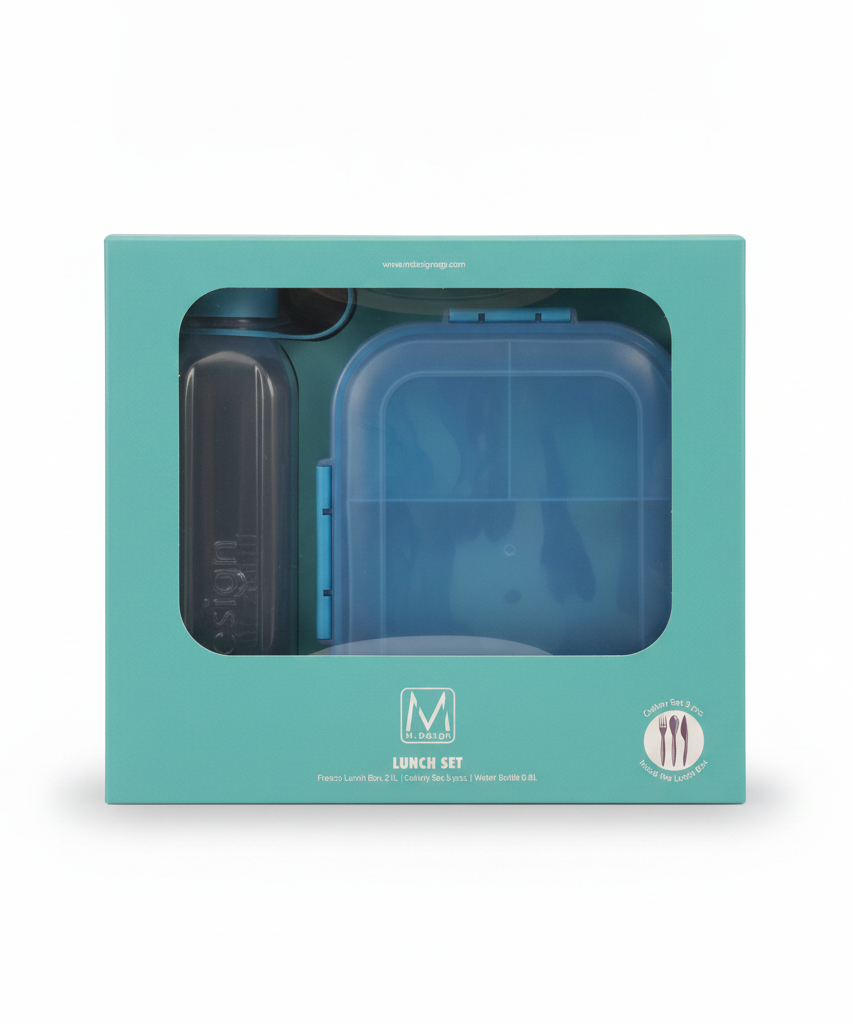 M-Design Lunch Set with Fresco Lunch Box 2.1L, 3-Piece Cutlery Set, and 0.8L Water Bottle