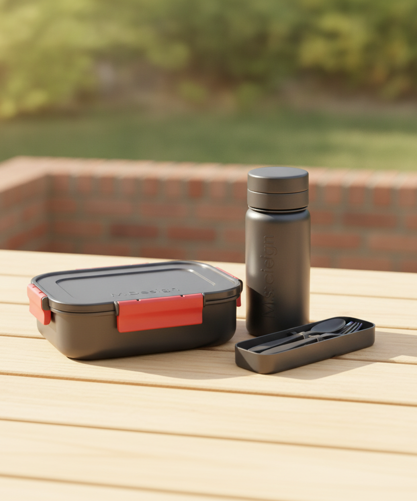 M-Design Lunch Set with Fresco Lunch Box, Cutlery, and Water Bottle