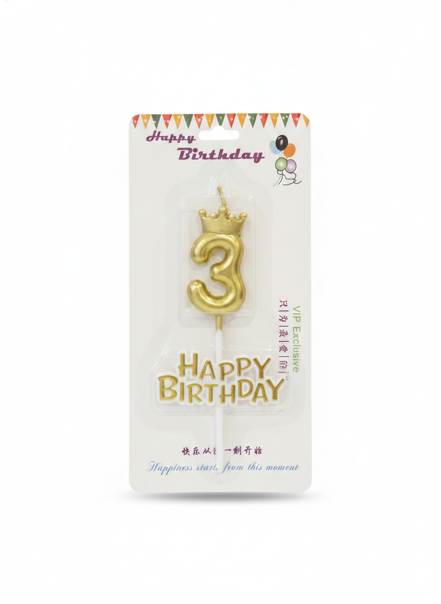Gold Crown Number 3 Happy Birthday Candle