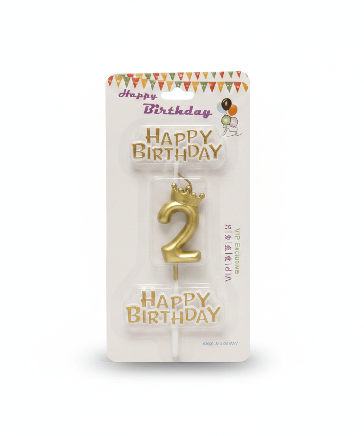 Happy Birthday Gold Number 2 Crown Candle Set