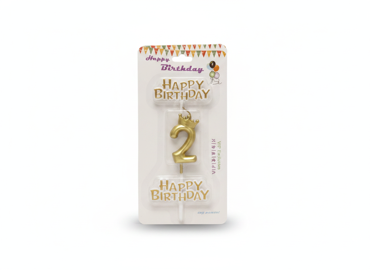 Happy Birthday Gold Number 2 Crown Candle Set