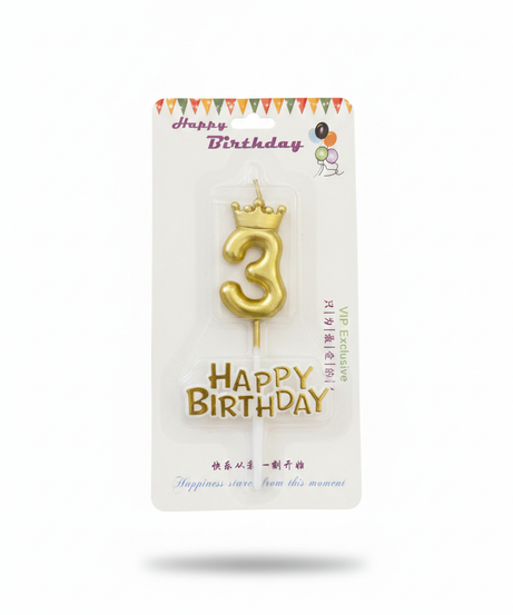 Happy Birthday Gold Number 3 Crown Candle & Topper Set