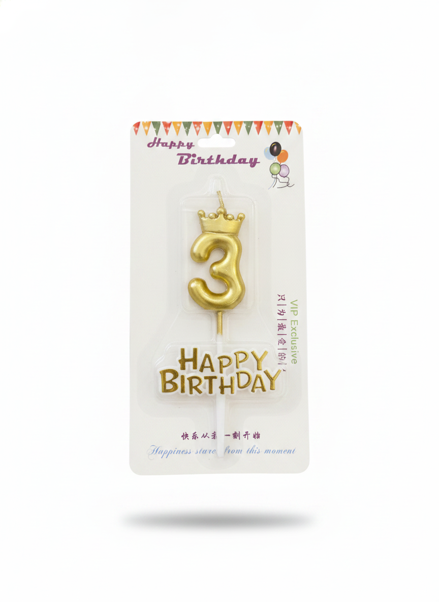 Happy Birthday Gold Number 3 Crown Candle & Topper Set