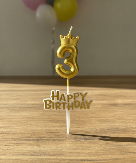 Happy Birthday Gold Number 3 Crown Candle & Topper Set