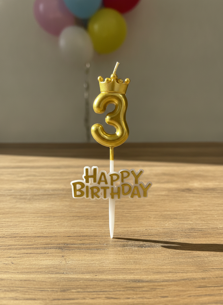 Happy Birthday Gold Number 3 Crown Candle & Topper Set