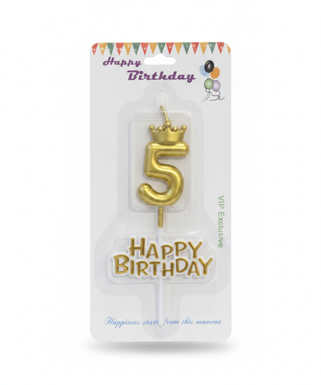 Happy Birthday Gold Number 5 Candle with Crown & Message