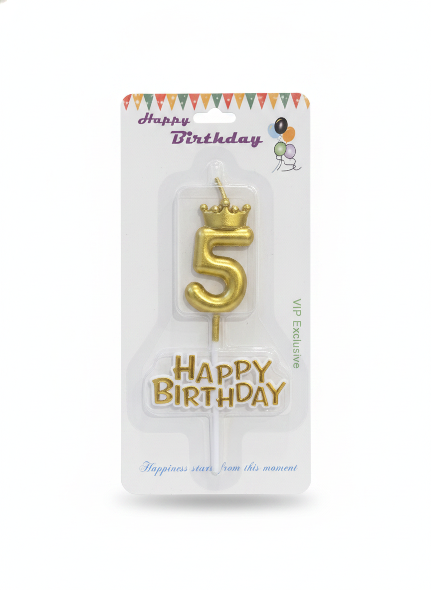 Happy Birthday Gold Number 5 Candle with Crown & Message