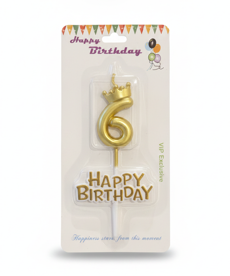 Gold Crown Number 6 Birthday Candle with Happy Birthday Topper