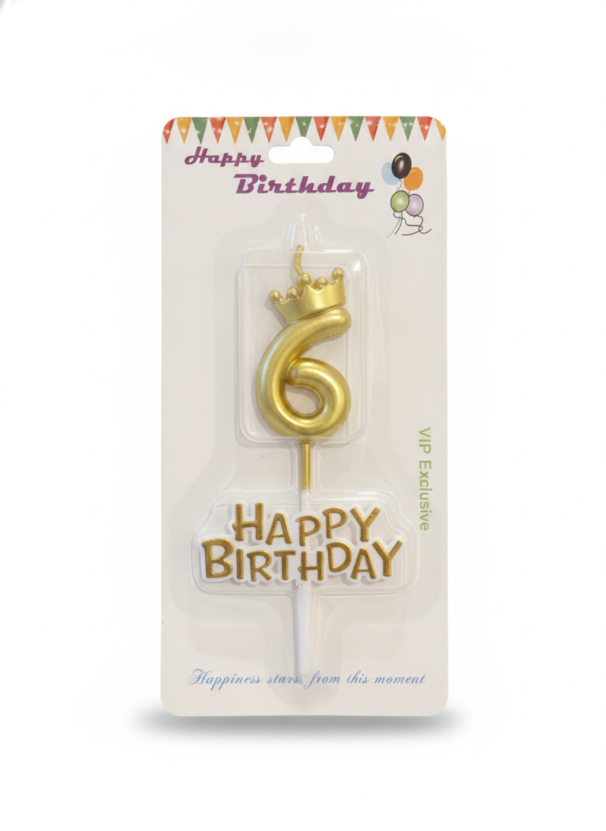 Gold Crown Number 6 Birthday Candle with Happy Birthday Topper
