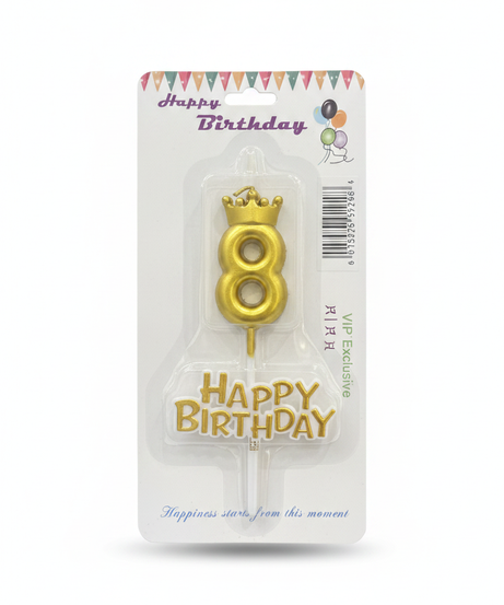 Happy Birthday Gold Crown Number 8 & Text Cake Candles Set