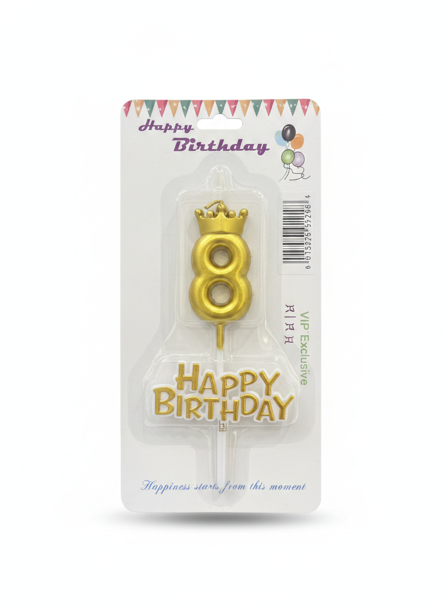 Happy Birthday Gold Crown Number 8 & Text Cake Candles Set