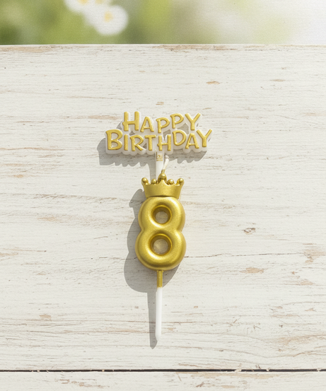 Happy Birthday Gold Crown Number 8 & Text Cake Candles Set
