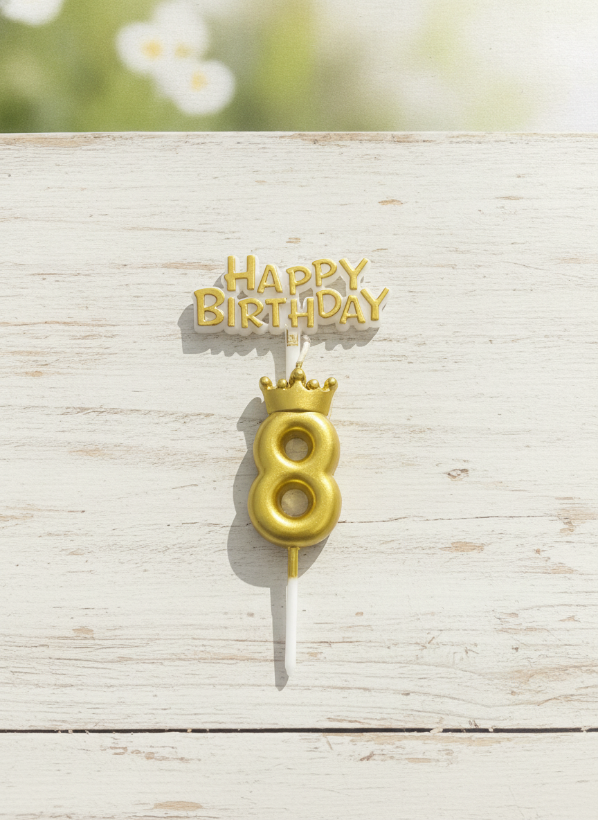 Happy Birthday Gold Crown Number 8 & Text Cake Candles Set