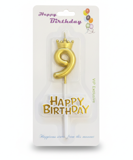 Gold Crown Number 9 & Happy Birthday Candle Set