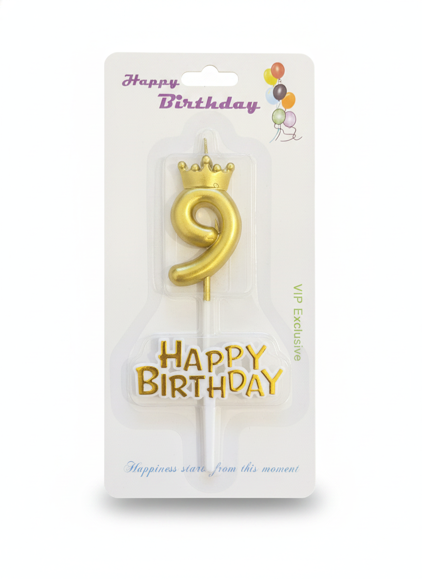 Gold Crown Number 9 & Happy Birthday Candle Set