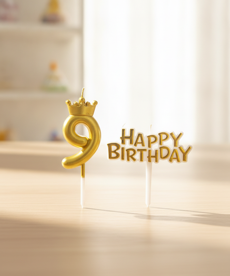 Gold Crown Number 9 & Happy Birthday Candle Set