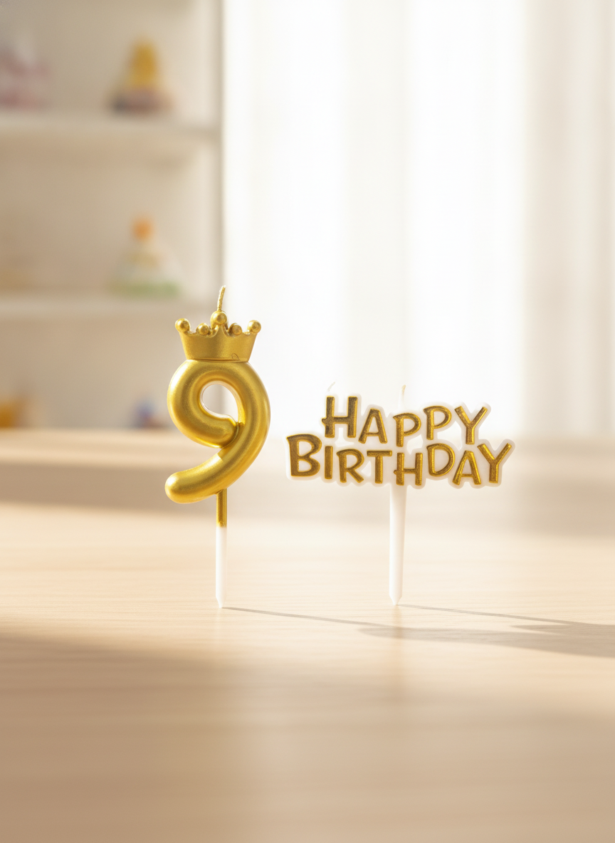 Gold Crown Number 9 & Happy Birthday Candle Set