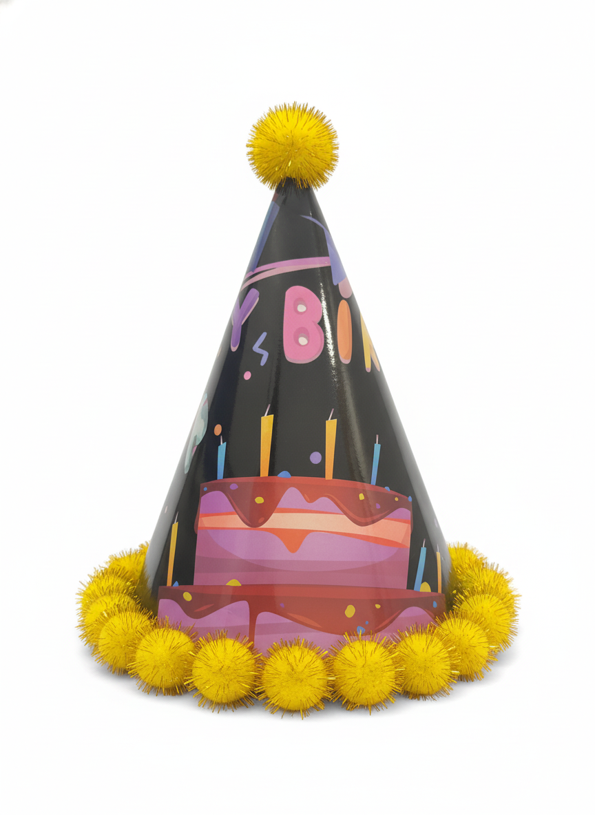 Sparkling Birthday Party Hat with Cake Design