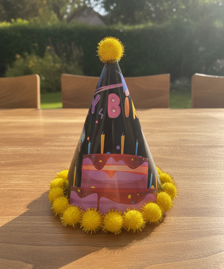 Sparkling Birthday Party Hat with Cake Design