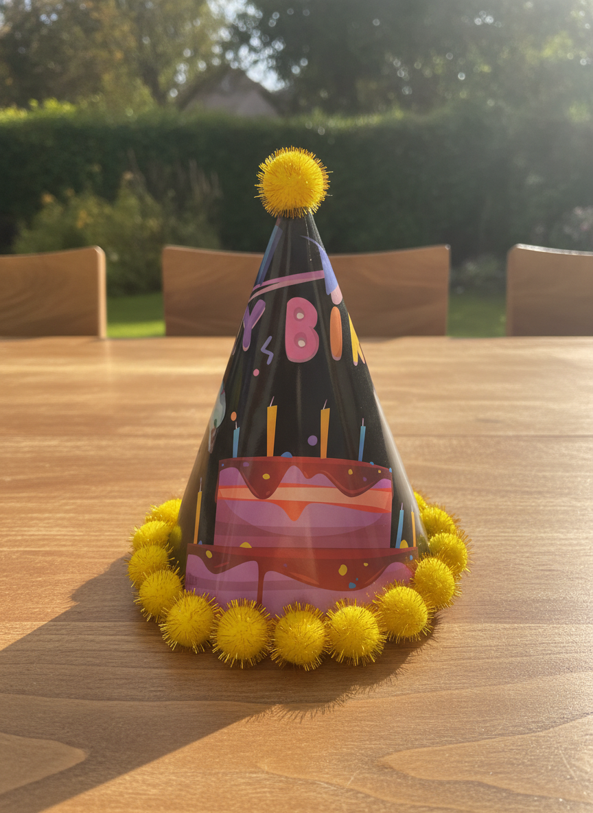 Sparkling Birthday Party Hat with Cake Design