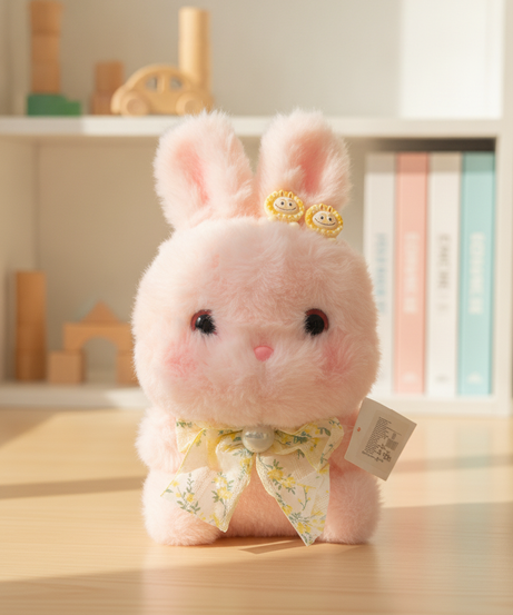 Fluffy Pink Bunny Plush Toy with Floral Bow (20cm)