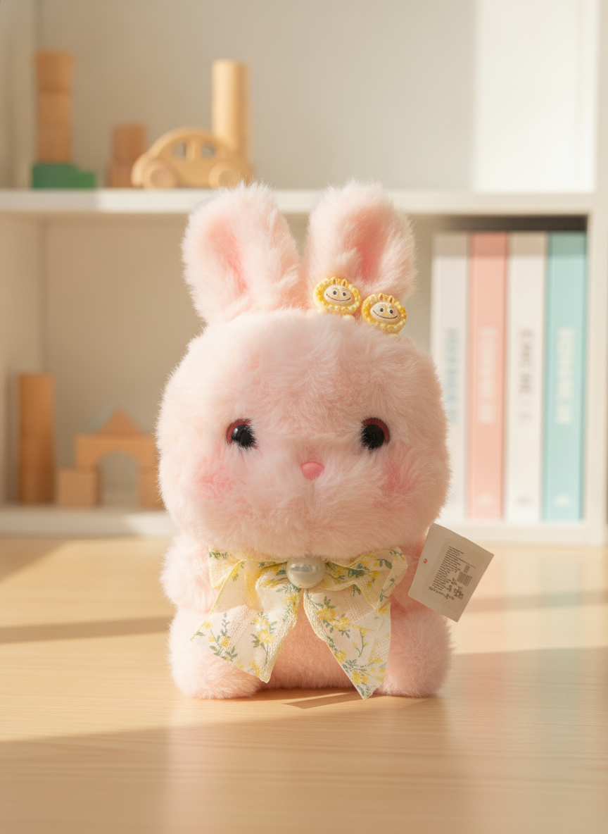 Fluffy Pink Bunny Plush Toy with Floral Bow (20cm)
