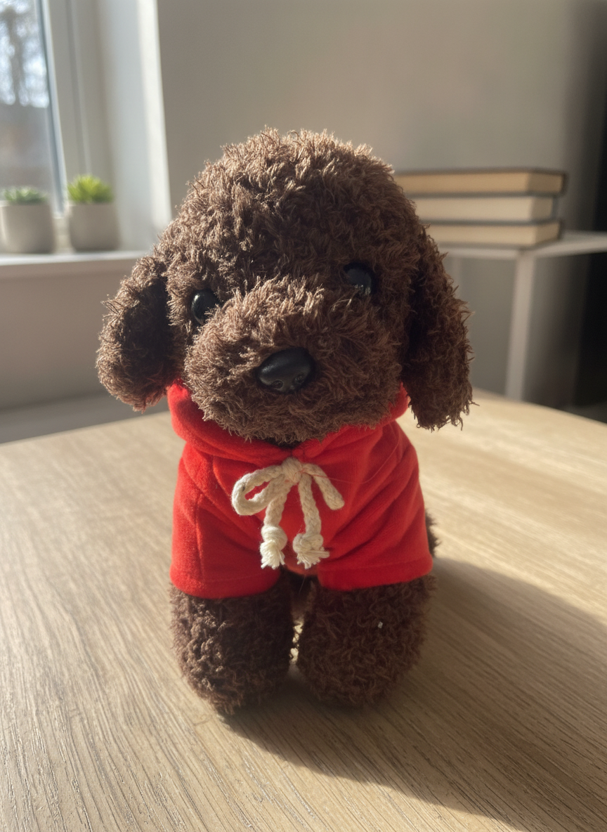 Fluffy Brown Plush Dog with Red Hoodie