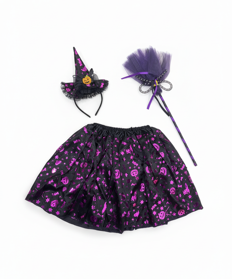 Kids Halloween Witch Costume Set (Hat, Skirt, Broom)