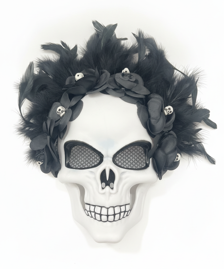 Day of the Dead Skull Mask with Feather & Floral Crown