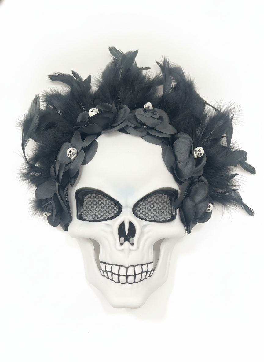 Day of the Dead Skull Mask with Feather & Floral Crown
