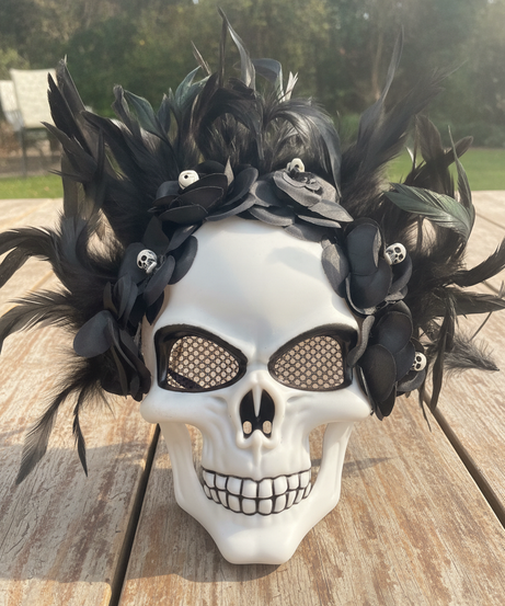 Day of the Dead Skull Mask with Feather & Floral Crown