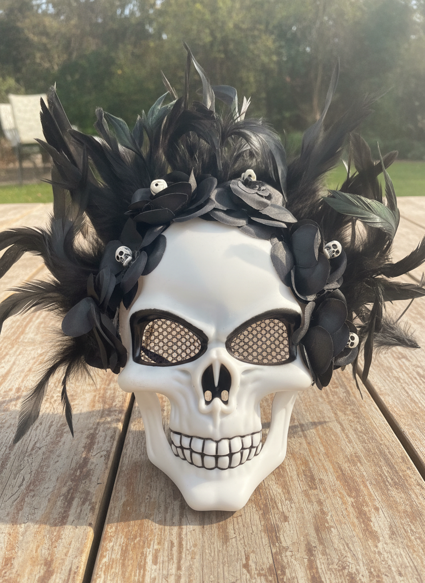 Day of the Dead Skull Mask with Feather & Floral Crown
