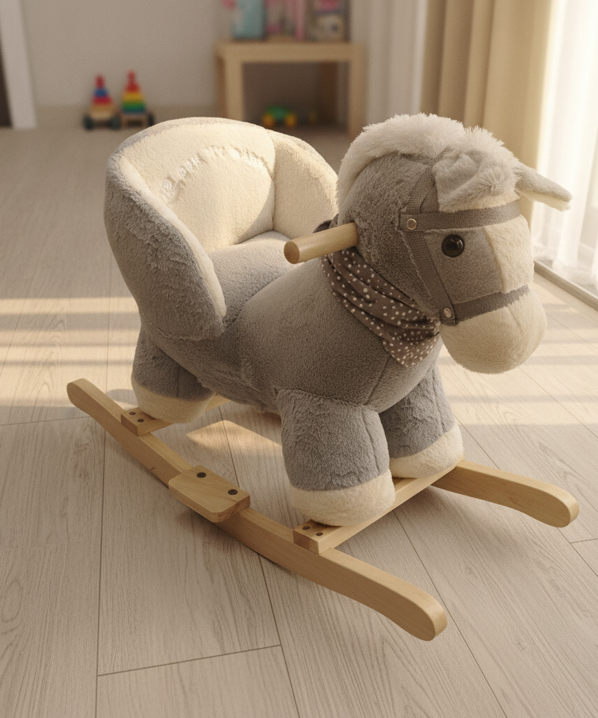 Grey Plush Rocking Horse with Supportive Seat